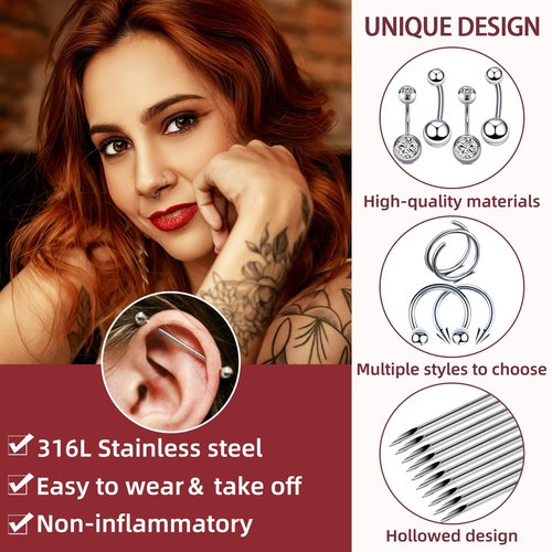 TKKUY 103PCS Piercing Kit for all Body Piercings Stainless Steel Piercing Jewelry with 12G 14G 16G 20G Piercing Needles and Tools for Nose Septum Belly Button Lip Ear Tongue Cartilage Eyebrow Tragus