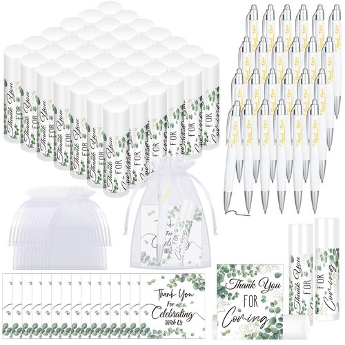 Heigble 50 Set Wedding Thank You Gifts, Thank You Lip Balm Bulk Retractable Ballpoint Pen Appreciation Card Organza Drawstring Gift Bag Bridal Shower Gift for Guest Wedding Party(Eucalyptus Leaf)