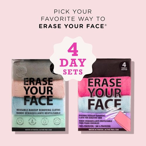 ERASE YOUR FACE Reusable Makeup Remover Cloths - Microfiber Towels for Gentle Cleansing - Water Activated | Multi-Color (4 Pack)