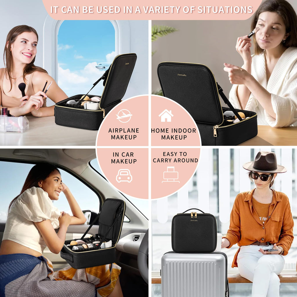 ZhenGuiRu Travel Makeup Bag, Makeup Train Case, Portable Makeup Artist Organizer with Adjustable Dividers, Cosmetic Brush Holder Storeage
