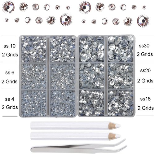 10000Pcs 2-Boxes Mixed Size Hot Fix Round Crystals Gems Glass Stones Hotfix Flat Back Rhinestones with Tweezers and Picking Pencil (Clear Crystal)