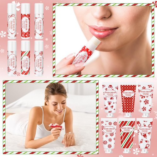 Leelosp 12 Pcs 6 Sets Christmas Hand Cream and Lip Balm Gift Set Bulk Mini Travel Size Lotion and Lip Balm with Peppermint Candy Theme Xmas Stocking Stuffers Thank You Gift for Women Staff Coworker