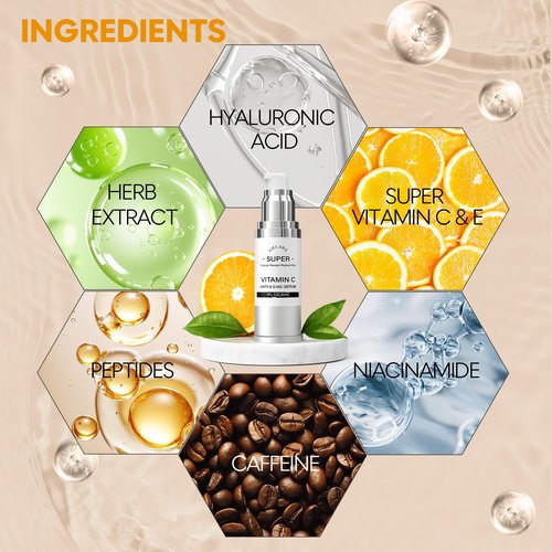 CIELARA Super Vitamin C Serum, 20% Vit C Anti Aging & Wrinkle Retinol Face Serum With Hyaluronic Acid, Vitamin E, Caffeine, Peptides For Women Face Fine Lines Wrinkle Brightening - 1 Fl Oz
