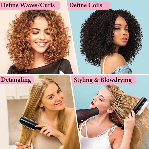 KTKUDY 9 Row Defining Brush - Detangling Blow-Drying Tool for Thick, Wavy & Coily Hair | Black & Pink