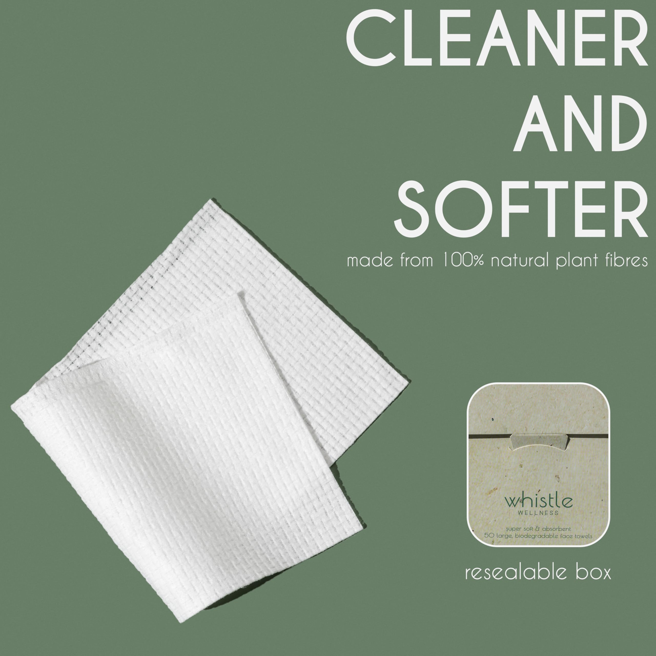 Whistle Wellness® Disposable Face Towel 10"×12", Resealable Box, Biobased Plant Based Ultra Soft, Thickness Face Towelettes XL, Makeup Remover Dry Wipes for Sensitive Skin, 50 Count (1 Pack)