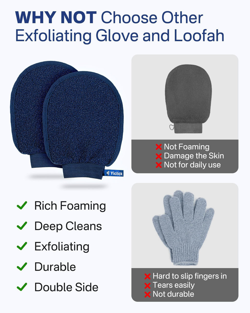 Yiclick Heavy Exfoliating Gloves, Exfoliating Body Scrubber Exfoliator, Korean Exfoliating Mitts for Dead Skin Remover, Body Scrub Mitt for Bath Shower, Exfoliate Gloves for Hand Leg Exfoliation
