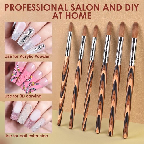 Rolabling Acrylic Nail Brush Red Wooden Kolinsky Nail Brush Spiral Pattern Handle Nail Brushes for Acrylic Application Extension 3D Carving Manicure Tool for Salon or DIY at Home (6#)