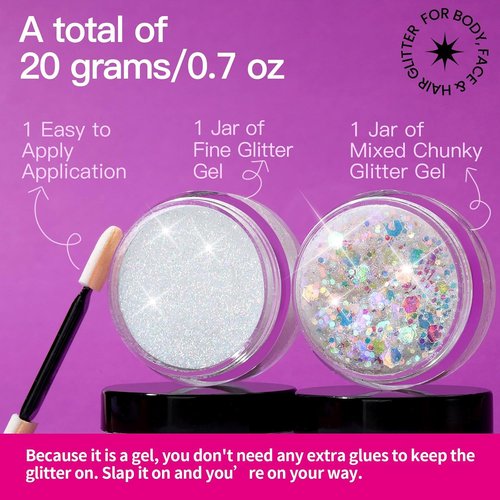 Teenitor Face Glitter Gel Set - 2 Versatile 20g/0.7oz Body & Hair Glitter Gels in White for Makeup