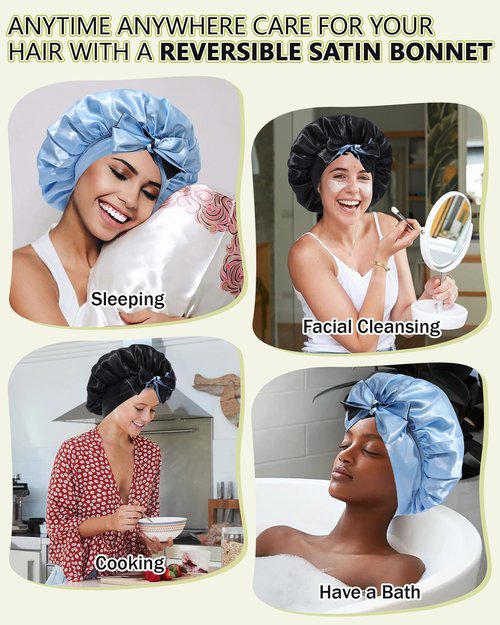 Satin Hair Bonnets for Women Curly Hair Wrap Reversible Bonnet with Tie Band Night Cap Double Layer Sleep Cap in Black + Blue