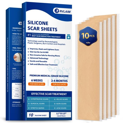 Rvlaim Silicone Scar Sheets, Silicone Scar Tape(5.7” x 1.57” 10 Pcs), Silicone Scar Sheets for Surgical Scars, Keloid Bump Removal, Stretch Marks Removal, C-Section, Burn et