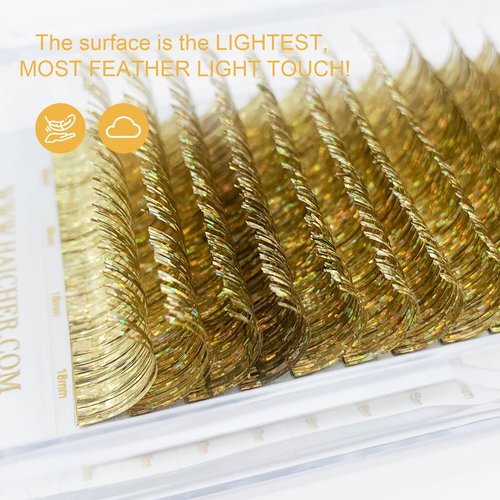 HAICHER Colored Lash Extensions CC Curl 9-18mm Mixed Lash Trays, Holographic Lash Tinsel for Eyelash Extension (Gold, Volume)