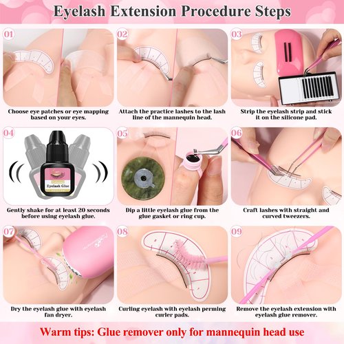 Lashes Kit for Eyelash Extension Beginner Lash Tech Starter Kit with Eye Lash Mannequin Head, Professional Eyelash Extension Kit with Lash Fan, Extension Glue and Eyelash Remover for Practice Training
