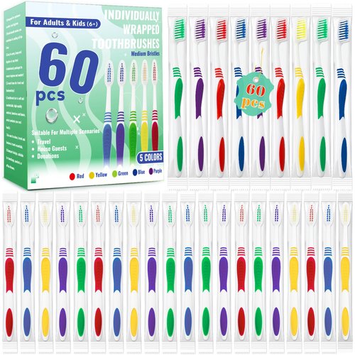 Comdian 60 Pcs Toothbrush Bulk Disposable, Travel Toothbrushes Pack, Soft Bristle Individually Wrapped and Good Cleaning for Kids, Adult and The Elderly. Suitable for Hotel, Travel, Home, Donated