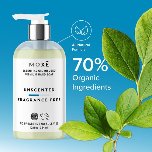 MOXE All Natural Hand Wash – Unscented Fragrance-Free– Gentle Formula, Organic & Plant-Based – For Kitchen & Bathroom – Biodegradable, Vegan, Cruelty-Free, No Sulfates or Parabens – 12 oz