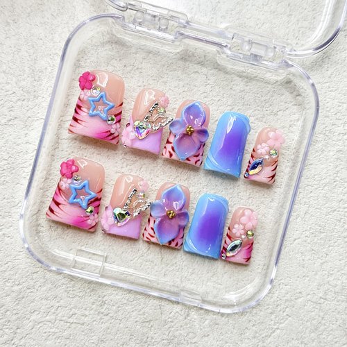 Thick Press on Nails Handmade Medium Duck Nails Pink Fake Nails 3D Flower Art False Nail with Gems Design Luxury Rhinestone Nature Reusable Acrylic Nail for Wome (Size M)