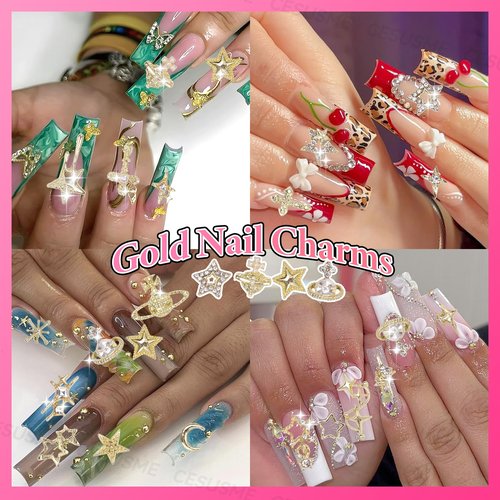 130 Pcs Alloy Gold Star Cross Nail Charms, 21 Styles 3D Y2K Metal Star Cross Moon Planet Gold Nail Charms and Gems for Nails Art Design DIY Accessories