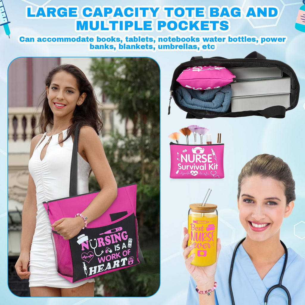 Yetene 5 Pcs Valentine Nurse Gifts for Women Include Ribbon Zippered Tote Bag Makeup Bag 16 oz Glass Cup Bracelets and Sock Appreciation Gift Set for Galentines Female Gift(Hot Pink,Nurse)