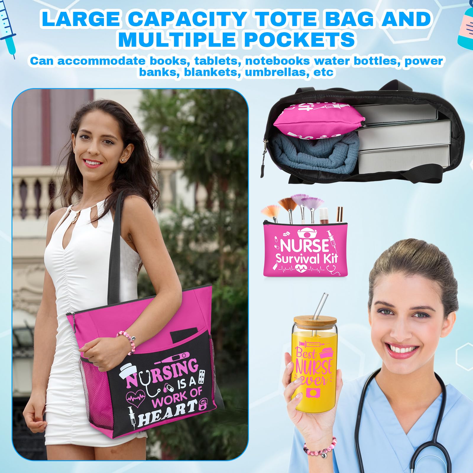 Yetene 5 Pcs Valentine Nurse Gifts for Women Include Ribbon Zippered Tote Bag Makeup Bag 16 oz Glass Cup Bracelets and Sock Appreciation Gift Set for Galentines Female Gift(Hot Pink,Nurse)
