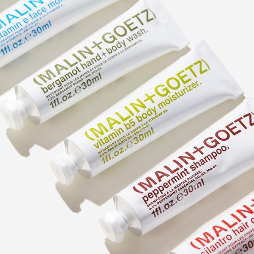 MALIN+GOETZ Best-Sellers Travel Kit | Six Everyday Essentials for Face, Body + Hair | Grapefruit Face Cleanser, Vitamin E Face Moisturizer, Peppermint Shampoo + More | Vegan, Travel-Friendly(6 x 1 oz)