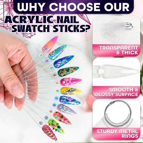 200 Pcs Nail Swatch Sticks Stiletto – Polish Color Swatches with 4 Metal Rings & Numbering Stickers – True Color Visibility, Easy Layer Control | Works with Art Decals and Nail Art Striping Tape Lines