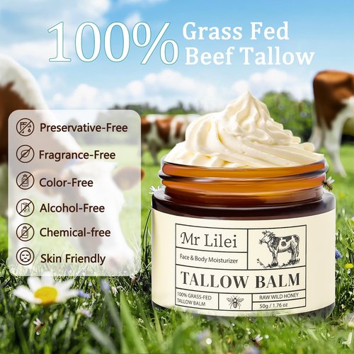 Lilei Beauty Beef Tallow for Skin - 100% Organic Grass-Fed Beef Tallow Balm with Raw Honey, Natural Whipped Face Moisturizer & Body Butter for Dry & Sensitive Skin, Non-Greasy (Unscented, 50g/1.76oz)