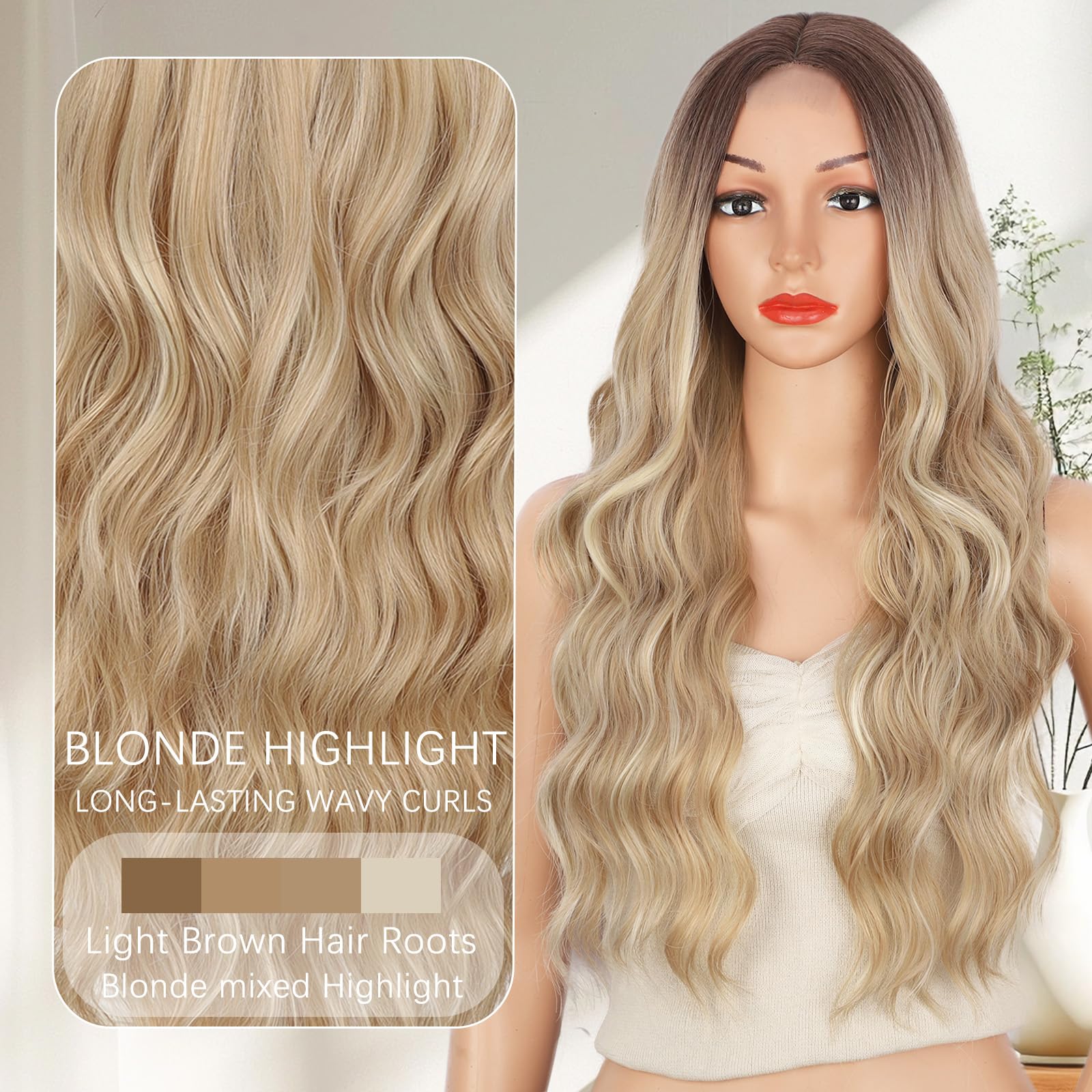 XIXIBI Long Blonde Wig Blond Wavy Wig for Women Beach Blonde Highlight Middle Part Wigs with Dark Root Synthetic Heat Resistant Natural Hair Wig for Daily Party