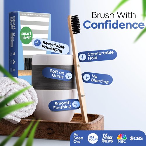 SmartLifeco Charcoal Bamboo Toothbrushes - Extra Soft Natural Bristles for Adults & Kids Teeth | Zero Waste Bulk Wooden Tooth Brush Travel Kit | BPA Free, Eco-Friendly, Vegan - (12 Pack)