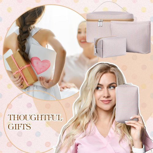 Huhumy 3 Pieces Makeup Bag Set for Women Cute Seersucker Cosmetic Pouch Travel Toiletry Bag Preppy Small Makeup Purse Pouch Aesthetic Skincare Brushes Storage Organizer for Women(Khaki)