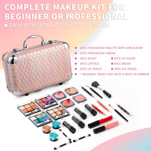 Hot Sugar All In One Makeup Set for Teenager Girls, Full Makeup Kit for Beginners Includes Eye Shadow Palette Blush Lip Gloss Lipstick Lip Pencil Eye Pencil Brush Mirror (Pink Heart)