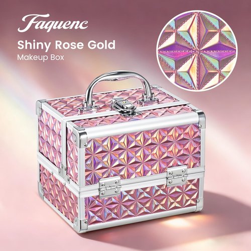 Faquenc Makeup Case with Lighted Mirror Travel Makeup Organizer Box Portable Lockable 2 Trays Cosmetic Train Case with LED Mirror for Girls Make up Nail Kits Sewing Vanity Storage Case, Shiny Pink