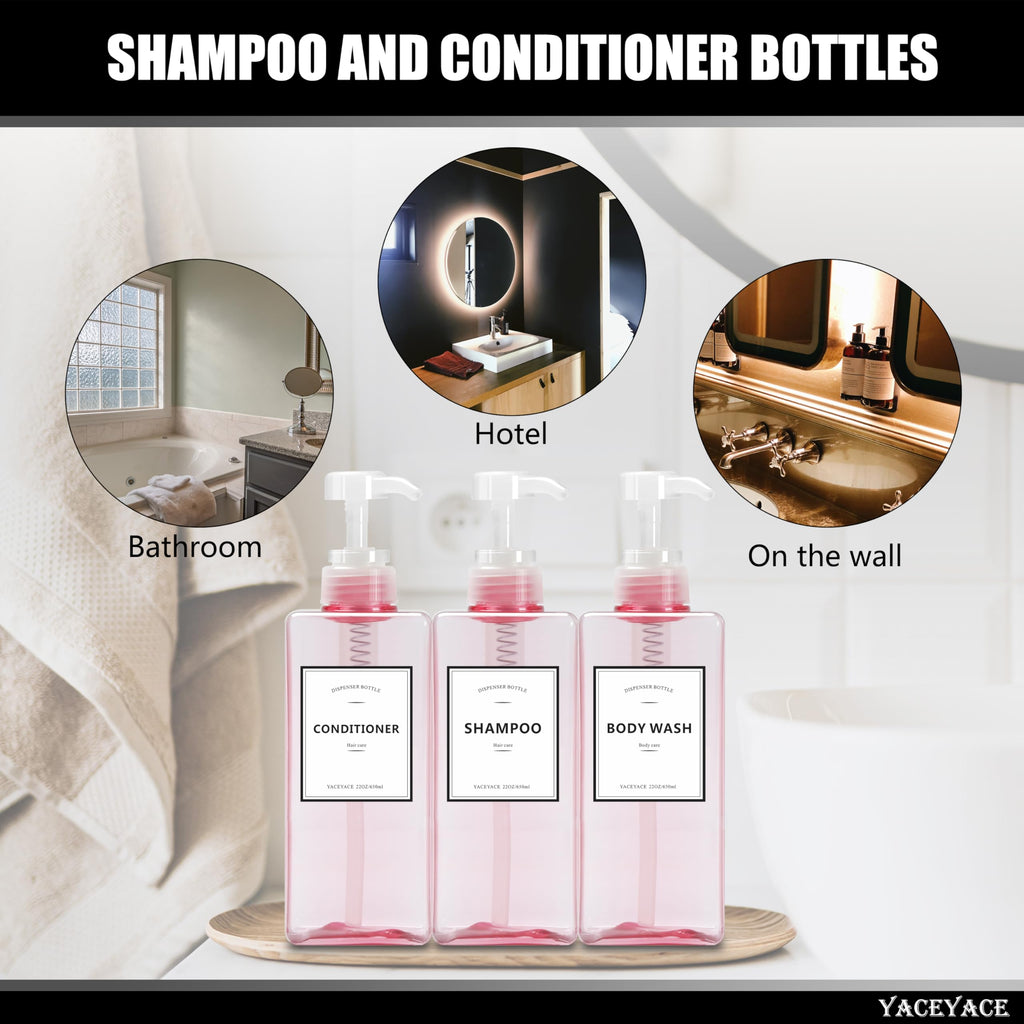 YACEYACE 22oz Set of 3 Travel Shampoo and Conditioner Dispenser, Empty Soap Dispenser, Pink Refillable Bottles