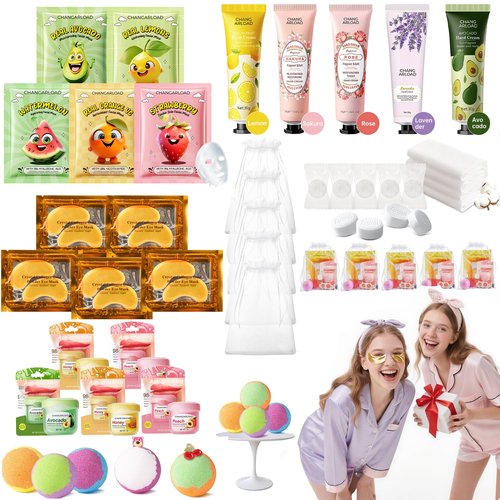 35 Pcs Spa Party Supplies for 5 – Spa Gifts for Women, Girls & Kids | Spa Set with Eye & Face Masks, Lip Balm, Hand Cream, Bath Bombs, Towels & Gift Bags | Spa Kit for Birthdays, Sleepovers, Spa Days