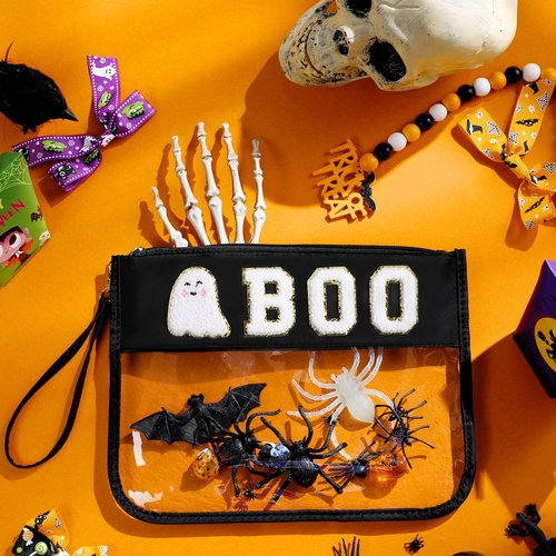 Remerry 2 Pcs Halloween Gifts Chenille Letter Bag Spooky Pumpkin Fall Boo Patch Clear Makeup Cosmetic Toiletry Pouch Nylon PVC Monogram Treat Candy Goodie Bag Preppy Purse Waterproof for Women