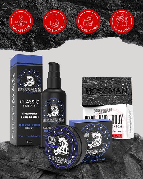 Bossman Starter Beard Kit for Men – Beard Oil (2 oz), Beard Balm & Bar Soap – Natural & Organic Grooming Kit – Made in the USA Men Gift Set (Royal Oud Scent)