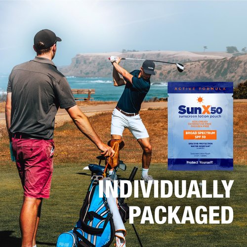 CoreTex Sun X 50 SPF Broad Spectrum Sunscreen Packets - Bulk Pack of 100 Paraben, Oxybenzone, Octinoxate, & Oil Free Sunscreen - No White Cast and Water Resistant Up to 80 Minutes