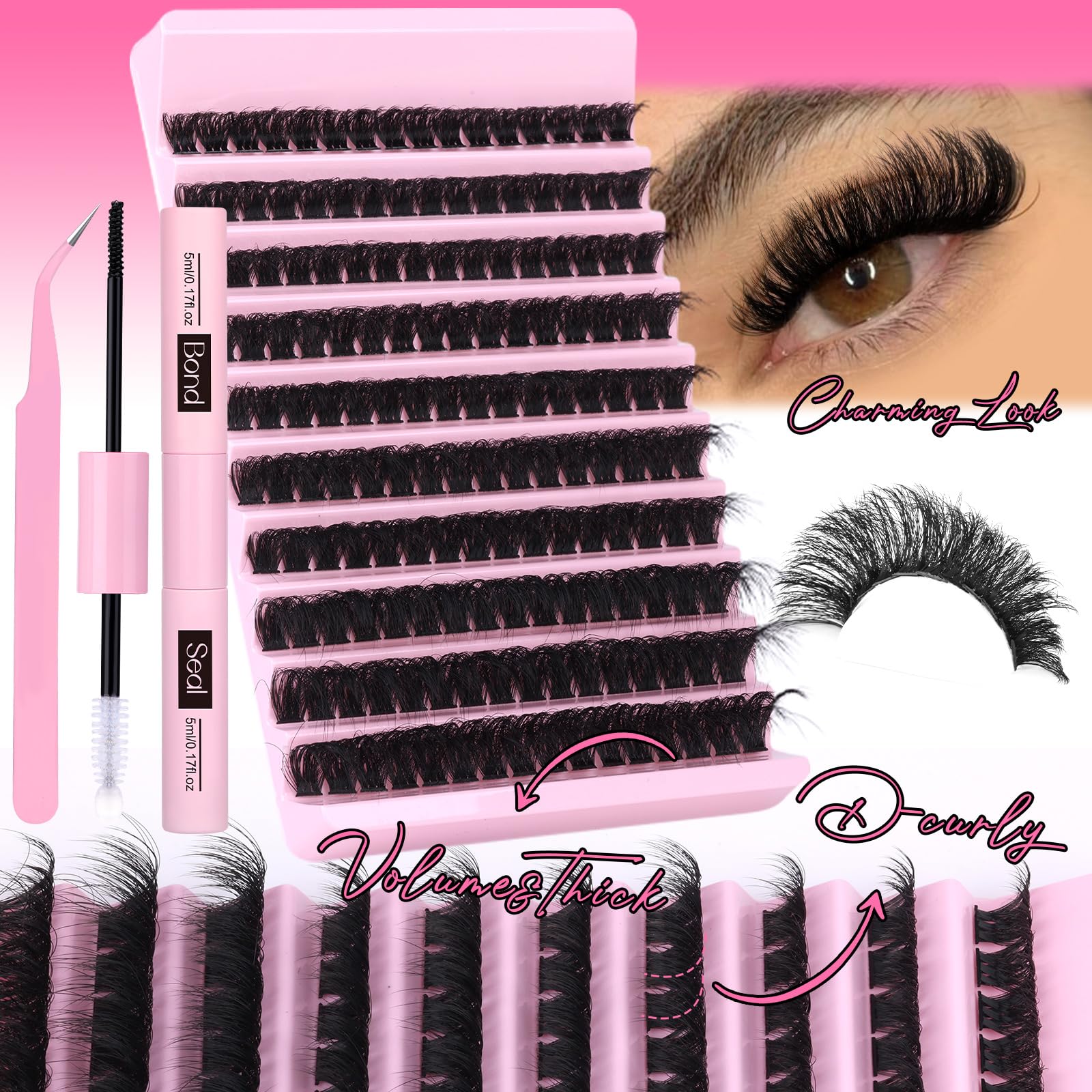 Volume Lashes Extension Kit 20MM Mink Lashes Clusters 120D Thick Individual Lashes with Lash Bond and Seal and Applicator Thick Eyelashes Extension Kit by zanlufly