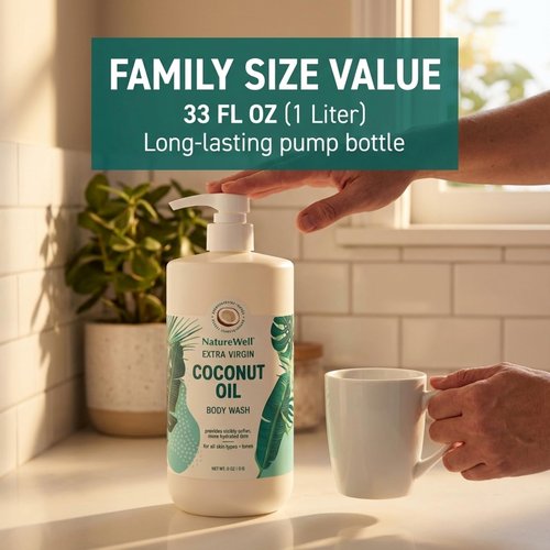NATURE WELL Extra Virgin Coconut Oil Ultra-Moisturizing Body Wash, Gentle & Creamy Formula Packed with Antioxidants, Vitamins A, C & E, & Squalane, Provides Gentle Cleansing & Intense Hydration, 33 oz