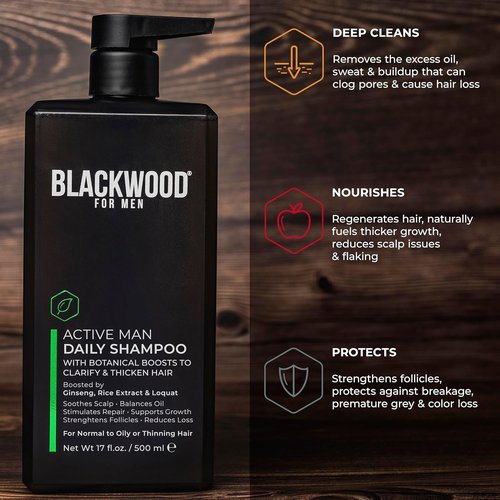 Blackwood For Men Active Man Daily Shampoo - Thickening & Clarifying Formula for Oily Hair - 17oz