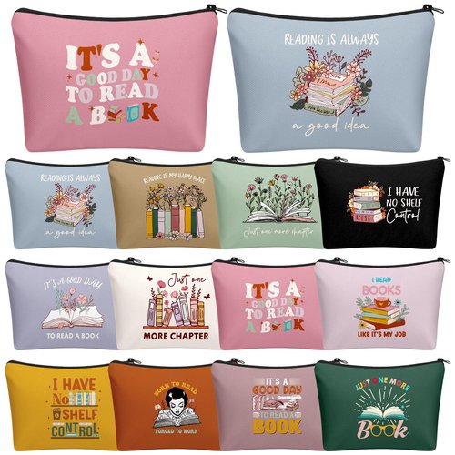 Sunnymove 12 Pcs Book Lover Makeup Bags Book Club Gifts for Women Novelty Bookish Cosmetic Bag with Zipper Pouch for Teen Adult Bookish Librarian Reader Gifts (Boho Style)