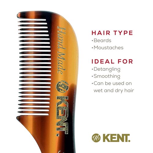 Kent A 81T X-Small Gentleman's Beard and Mustache Pocket Comb, Fine Toothed Pocket Size for Facial Hair Grooming and Styling. Saw-cut of Quality Cellulose Acetate, Hand Polished. Hand-Made in England