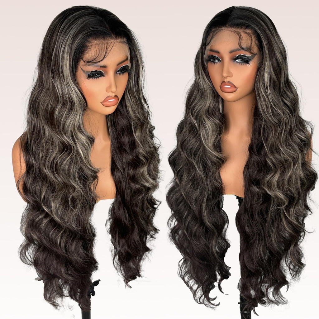 ZadaBelly Highlight 30 inch Body Wave 13x4 Lace Front Wig Brown Base with Black Wavy Hair Pre Plucked Hairline with Baby Hair, Transparent glueless Lace Synthetic Wig for Women Heat Resistant