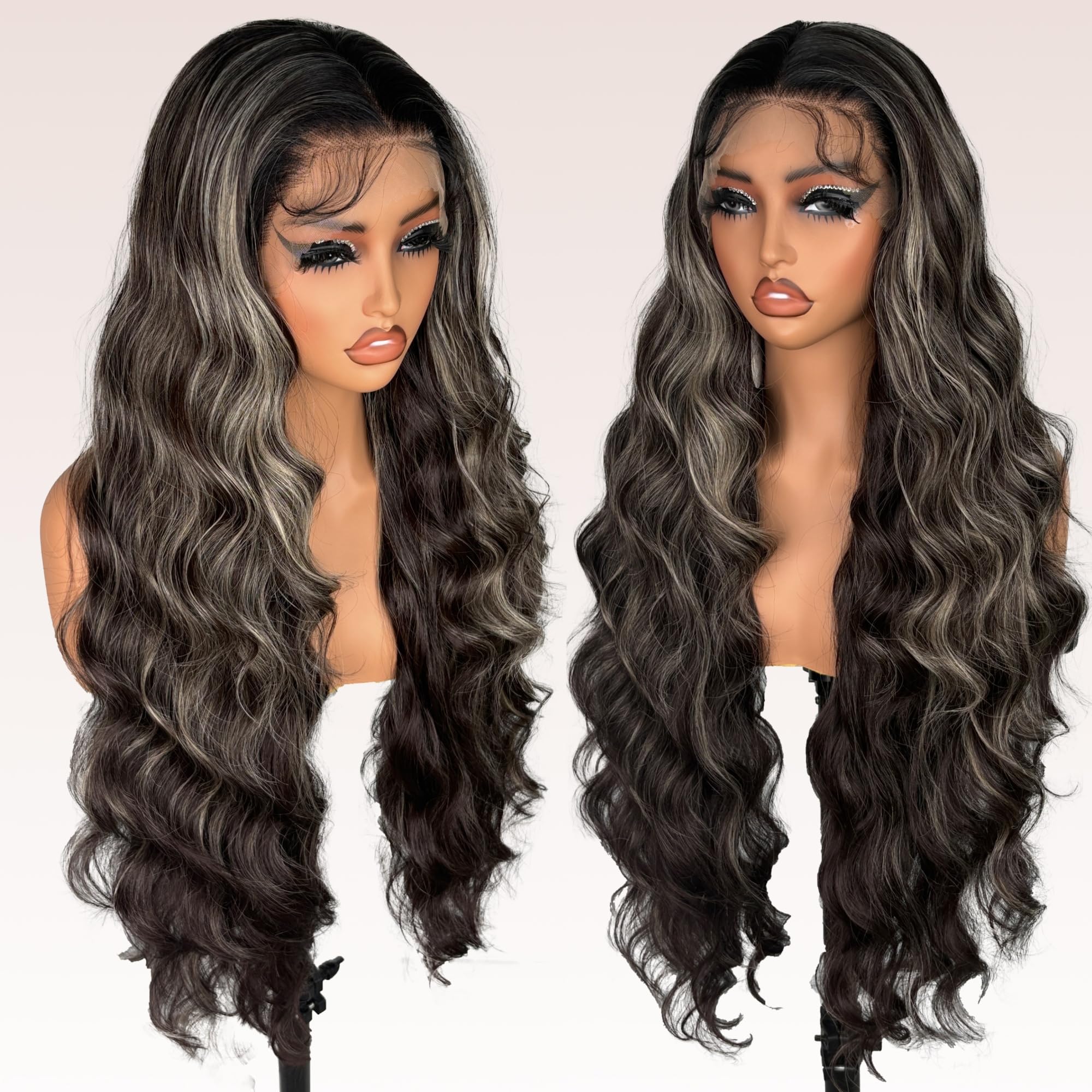 ZadaBelly Highlight 30 inch Body Wave 13x4 Lace Front Wig Brown Base with Black Wavy Hair Pre Plucked Hairline with Baby Hair, Transparent glueless Lace Synthetic Wig for Women Heat Resistant