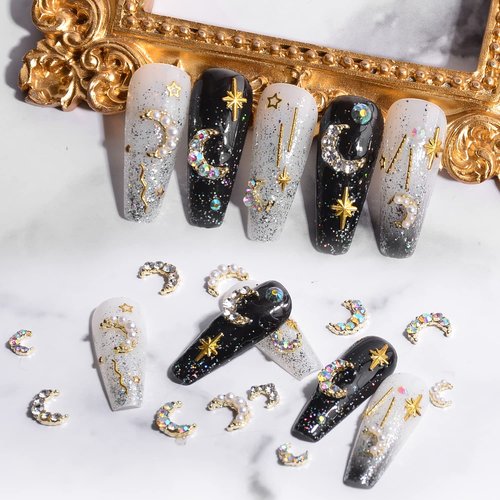 60 Pcs Moon Nail Charms Rhinestones 3D Shiny Moon Shape Metal Gems Jewels Stones Gold Rhinestones Charms Design for Nails Art Accessories DIY Decoration with Storage Box