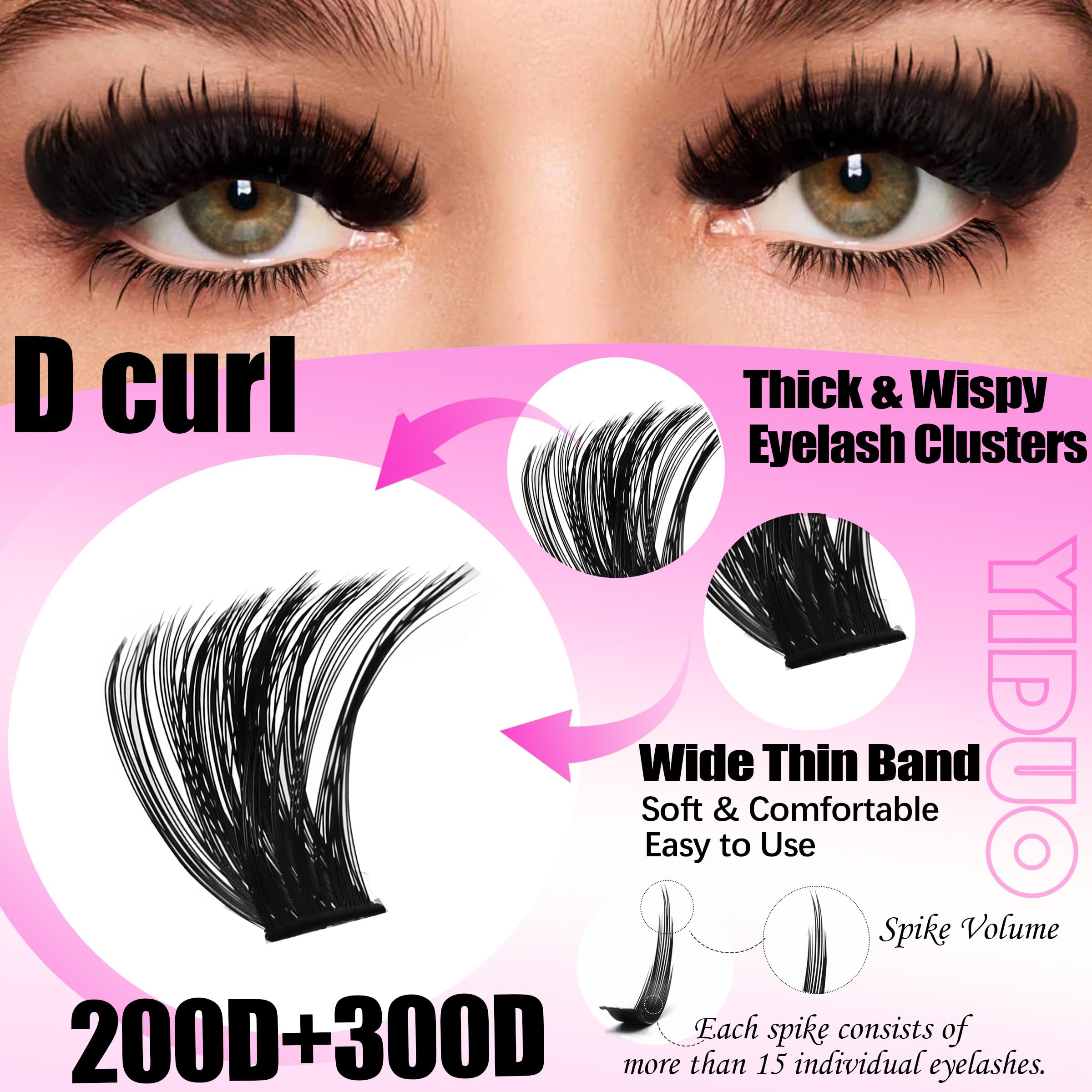 YIDUO Lash Clusters Kit 200D+300D+Spikes+Bottom Cluster Lashes Extensions Kit with Lash Bond and Seal |Tweezers |Removers |Eyebrow Brush (200D+300D-10-18MIX Thick Kit)