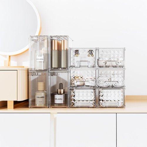 Delamu 4 Pack Stackable Storage Drawers, Makeup Skincare Holder Vanity Storage Organizer, Plastic Drawers For Vanity Desk, Undersink, Kitchen Cabinet, Pantry, Clear, Ideal Christmas Gifts for Girls