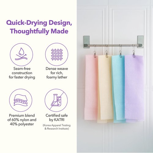 Korean Exfoliating Washcloths [4 Pack] – Daily Body Scrubber Towels for Shower, Back & Full-Body Use – Loofah Alternative, Quick-Drying Bath Cloths, Made in Korea