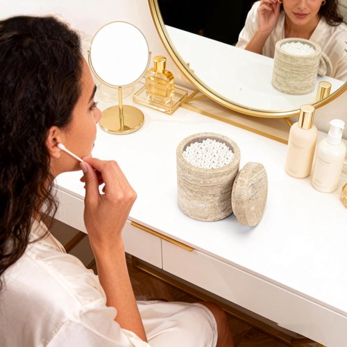 Natural Marble Canister - Elegant Cotton Swab Holder with Lid | Beige White Travertine Design