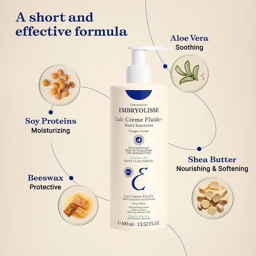 Embryolisse Lait-Crème Fluid+ Face & Body Cream, Multi-Use Lightweight Moisturizer with Shea Butter & Aloe Vera. Fast Absorbing, For All Skin Types, 13.52 Fl Oz