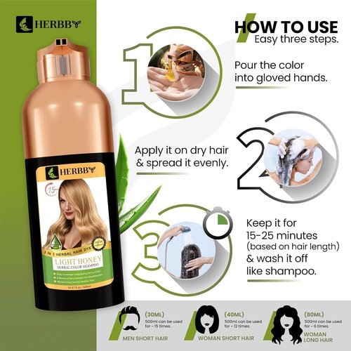 HERBBY Hair Color Shampoo - Gray Hair Coverage & Color Transformation with 9 Herbal Extracts | 500ml Light Honey Color, Long-Lasting Shine