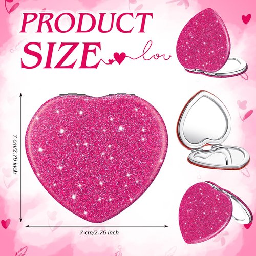 Geelin 6 Pcs Valentine's Day Heart Compact Folding Mirror Galentine Double Sided Mini Vanity Mirror Portable Travel Makeup for Purse Cute Glitter Cosmetic Looking Glass for Women Mom (Rose Red,Red)